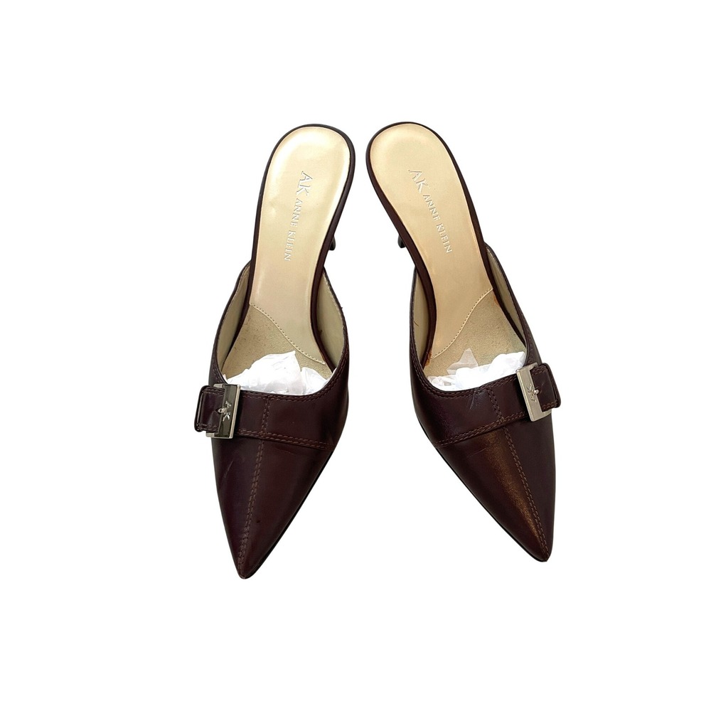 Brown Leather Pointed Toe Mules Kitten Heels Size 7 Beryls by Anne Klein